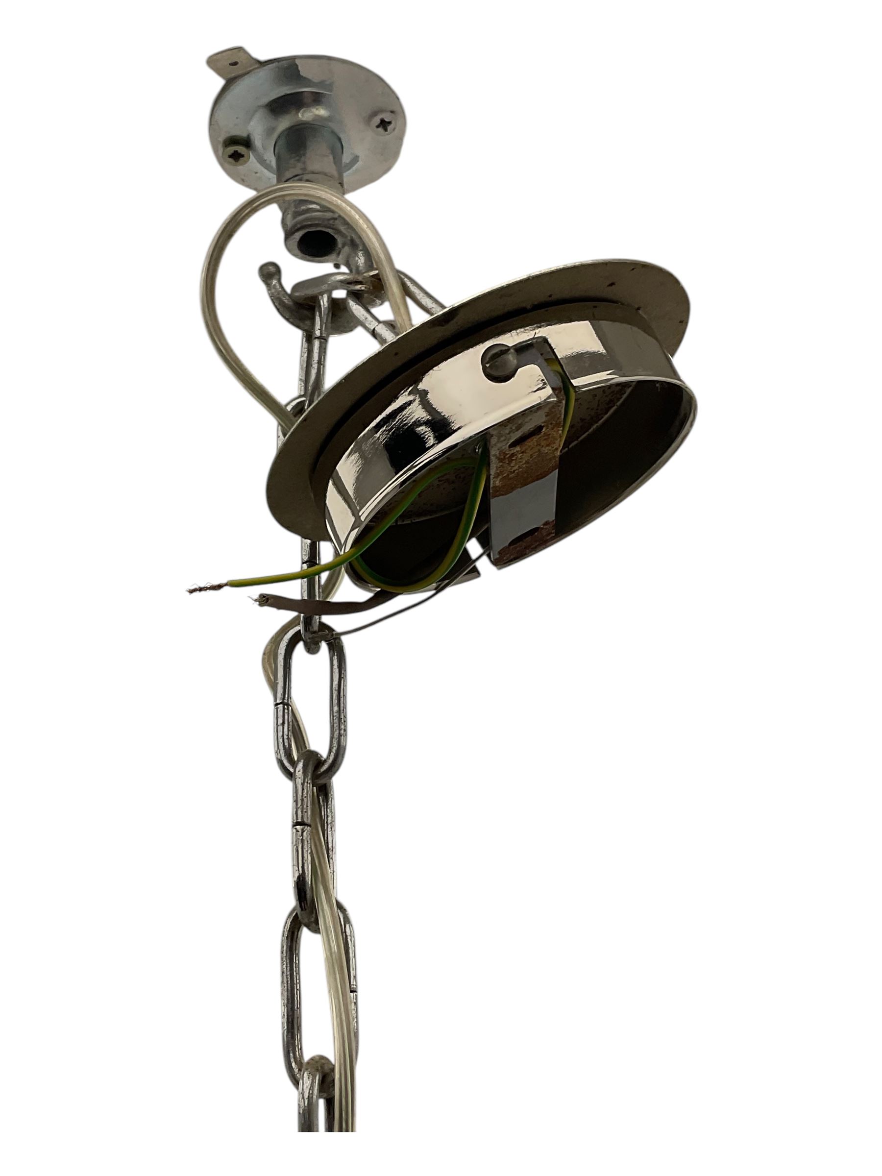 Contemporary black wrought iron six-light chandelier with drip trays and faux candle sleeves; polished chrome six-light chandelier with crystal droplets and cylindrical candleholders (2)