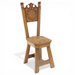 19th century Syrian olive wood and ivory inlaid chair, the shaped back and cresting above ...