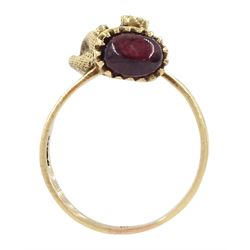 9ct gold opal, cabochon garnet and diamond chip hand ring, hallmarked