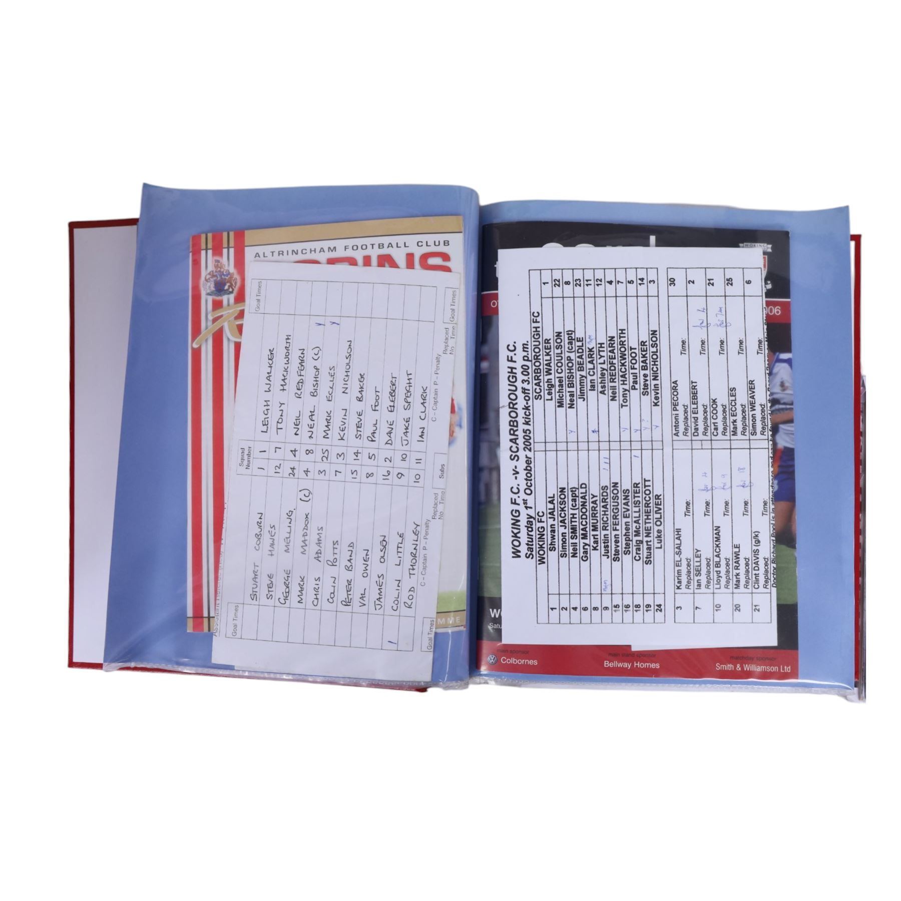 Comprehensive collection of approximately two hundred and thirty Scarborough FC football programmes for the 2003/04, 2004/05, 2005/06 and 2006/07 seasons, all filed within eight dedicated Scarborough FC red Home and Away binders