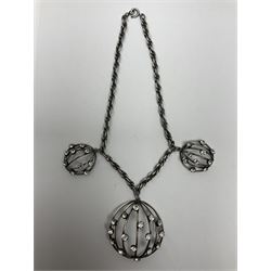 Joseff of Hollywood, circa 1950s metal and white paste necklace, with three graduated pendant drops set with white paste, to a Prince of Wales chain, signed with round script tag