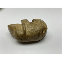 Chinese hardstone carving of a fish amongst coral, with platted rope handle, together with other hardstone and soft stone carvings  