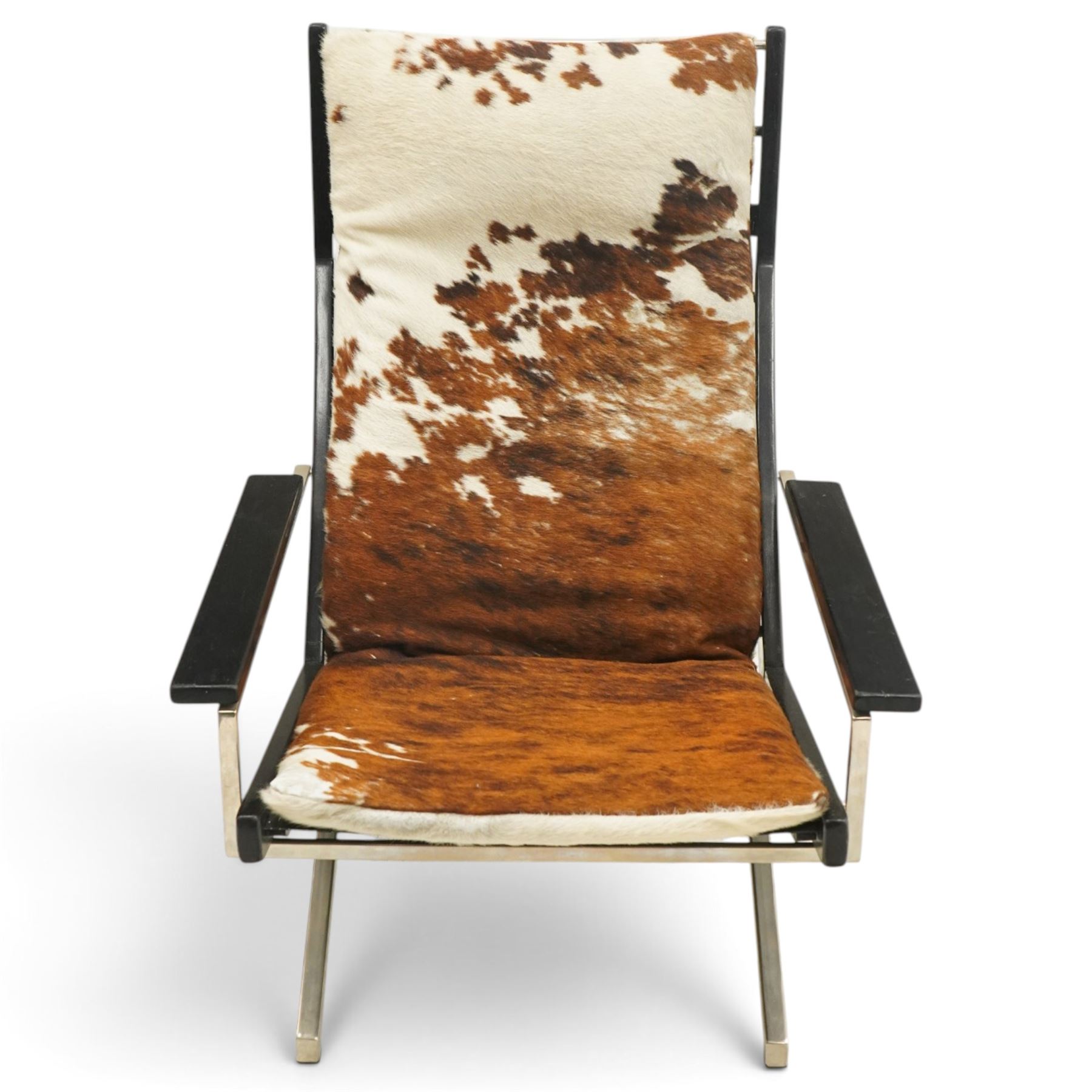 Rob Parry for Gelderland - 1960s 'Lotus' chair, cowhide upholstered seat cushion, with elasticated webbing to the back and fixed webbing to the seat, ebonised wood and chrome frame