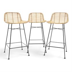 Next - set of three 'Pacific' bar stools, caned back and seat, raised on black tubular supports