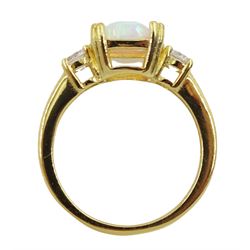 Silver-gilt three stone opal and cubic zirconia ring, stamped 925