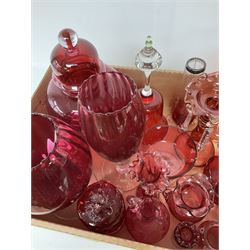 Quantity of cranberry glassware, to include vase with hallmarked silver rim, pair of lustres with waved rim, gilt decoration and drops, various dishes with frilled rims, etc