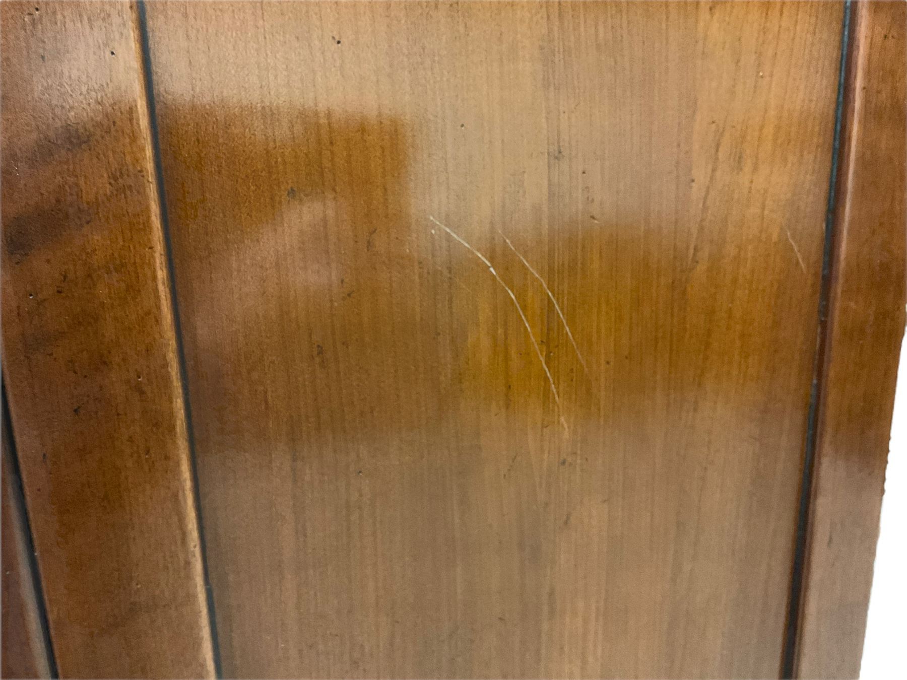 Grange Furniture - cherry wood finish display cabinet, two bevel glazed doors enclosing mirrored interior with glass shelves, double panelled cupboard below, on plinth base