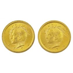 Two Persia (Iran) Mohammed Reza Shah 1 Pahlavi gold coins, 1945-1979               