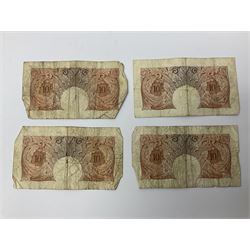 Banknotes including four Bank of England O'Brien one pound notes 'Y52J', 'T44J', 'T92J' and 'S23J', various ten shillings, two Somerset ten pounds 'CU20' and 'AW12', Page one pound notes, Bank of Scotland and other Scottish one pound notes etc