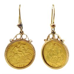 Pair of King Edward VII 1910 gold half sovereign coins, loose mounted as earrings