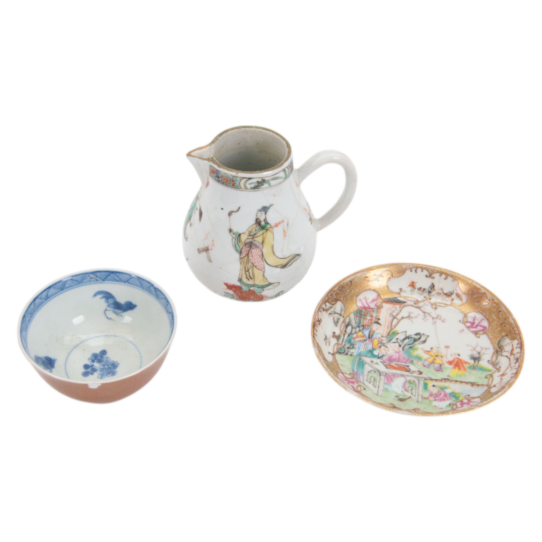 Chinese Chien Lung period saucers, cafe au lait tea bowl and a jug decoated with immortals, jug H11cm 