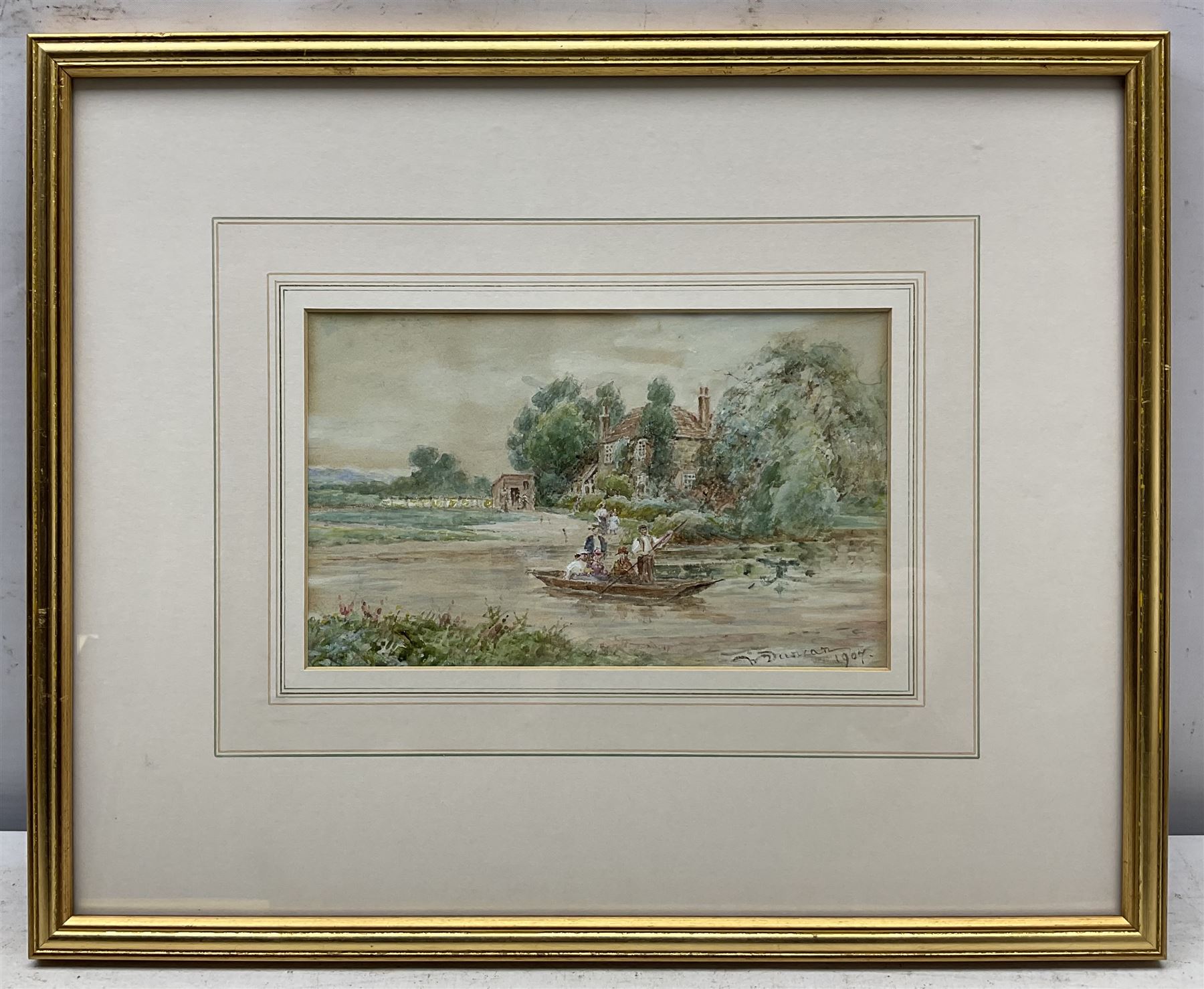 Thomas Pyne RI (British 1843-1935) Ducks in a Pond by a Bridge, watercolour signed and dated 1901, 13cm x 18cm; Walter Duncan (British 1848-1932): Punting on the River, watercolour signed and dated 1907, 13cm x 21.5cm (2)