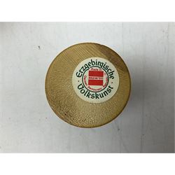 German Erzgebirgische Volkskunst folk art carved and stained wood smoking men incense burner figure, modelled smoking a pipe, with sticker label beneath, H19cm