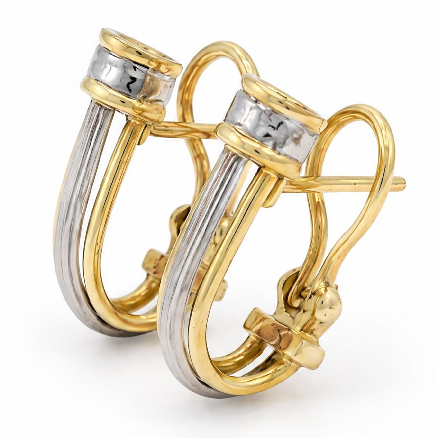 Pair of 18ct white and yellow gold half hoop stud earrings, stamped 18K
