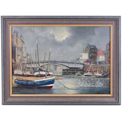 Jack Rigg (British 1927-2023): Cobles and Seagulls in Whitby Harbour, oil on canvas board signed 45cm x 65cm