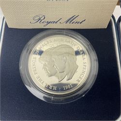 Six Queen Elizabeth II United Kingdom silver crown coins, comprising two 1972 'Silver Wedding', two 1977 'Silver Jubilee' and two 1981 'Commemorating The Marriage of His Royal Highness The Prince of Wales and Lady Diana Spencer', all cased with certificates 