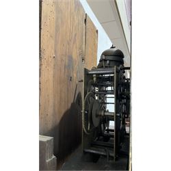 Etherington of Driffield - Rare three-train late 18th century 30-hour longcase clock in an oak case, flat topped hood with dentil moulding and blind fret, break arch hood door with attached pillars, trunk with a conforming door on a deep stepped plinth with shaped base, dial with a fully painted  arch and scroll spandrels in raised gesso, an unusual and rare dial having separate dials for the hours and minutes, dial inscribed 