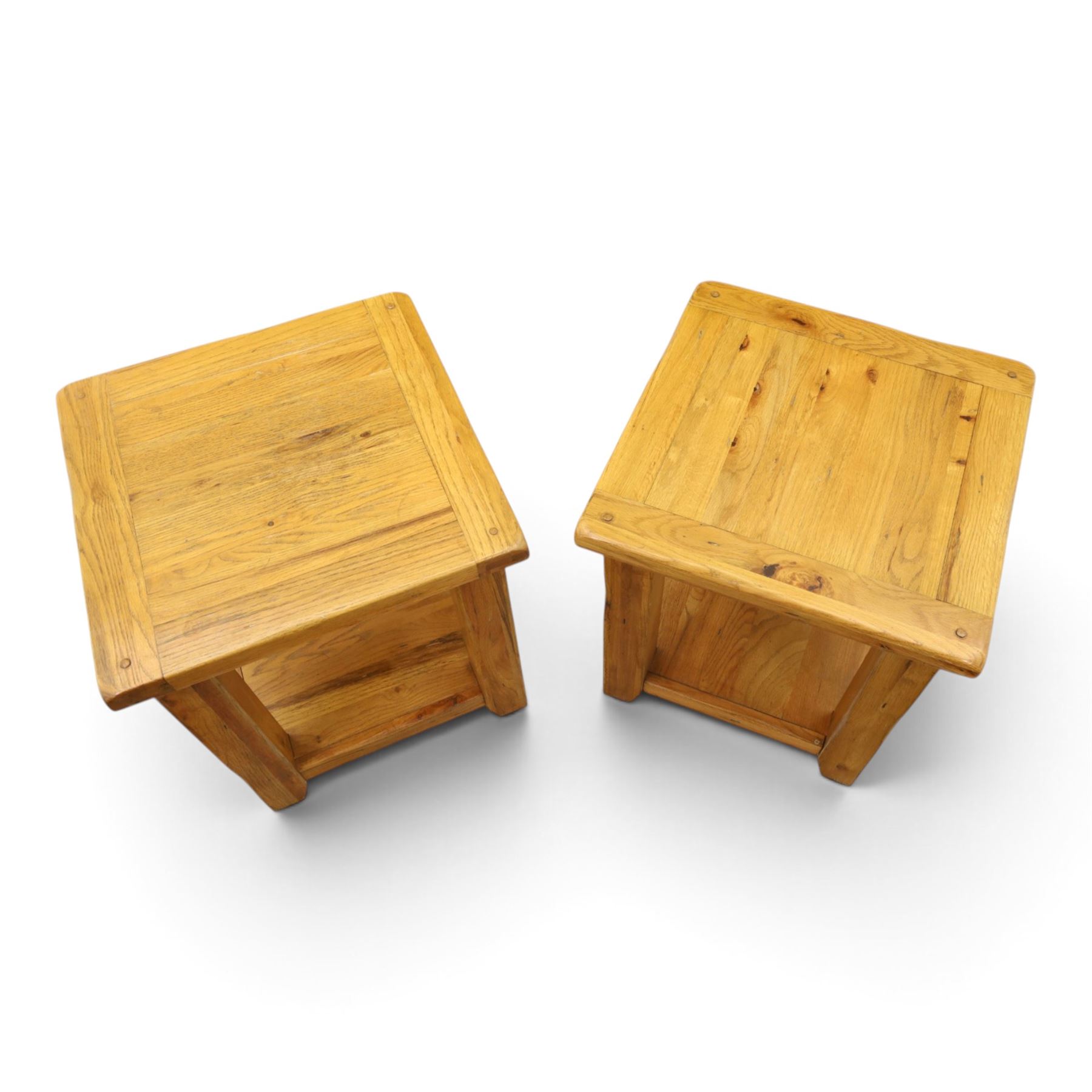 Pair of light oak  two tier occasion tables, square top on square supports united by under tier