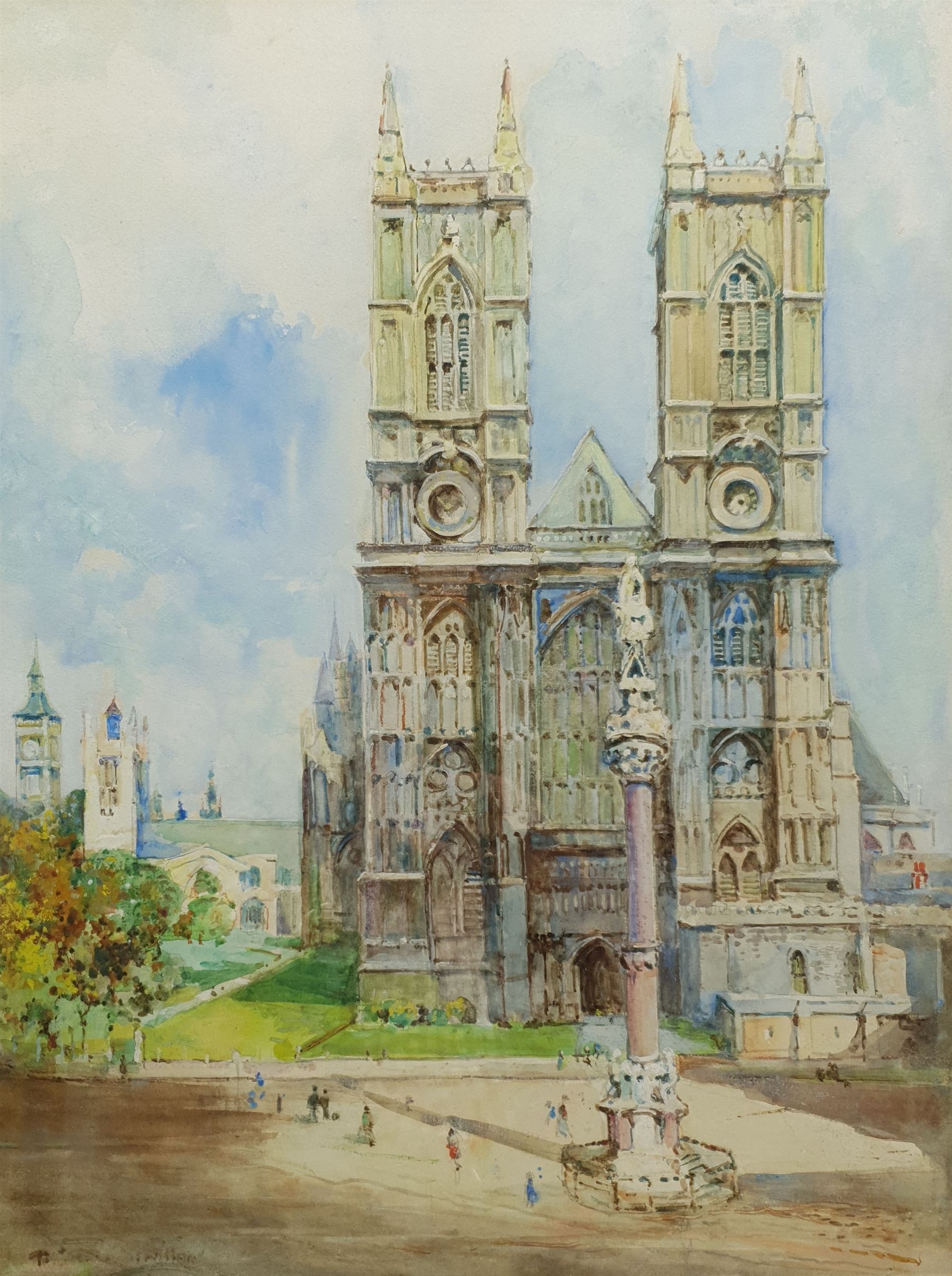 English School (Mid 20th century): Westminster Abbey, watercolour indistinctly signed 49cm x 37cm
