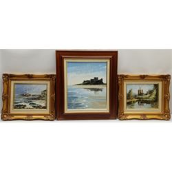 Dallas K Taylor (British 1941-2011): 'Reflections of Bamburgh' 'St Mary's Island' and 'Warkworth Castle', three oils on board signed titled and dated verso 35cm x 29cm and 19cm x 24cm (3)