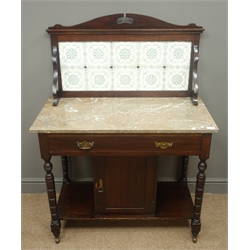  Edwardian washstand with marble top, raised and shaped tiled back, single drawer, turned supports joined by under tier with panel door cupboard, W92cm, H124cm, D47cm  