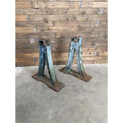 Pair of late 19th century heavy cast iron garden industrial trestles, painted in distresse...