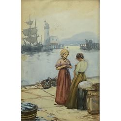 Frank Henry Mason (Staithes Group 1875-1965): 'Leisure Moments' - Girls knitting on the Quayside Scarborough, watercolour signed, old title label verso 28cm x 18cm