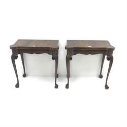  Pair 20th century inlaid mahogany card tables, inset green baize interior, carved cabriole legs on claw and ball feet, W76cm, H75cm, D85cm  