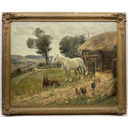 James William Booth (Staithes Group 1867-1953): Ponies and Chickens in the Farmyard, oil on canvas signed 75cm x 94cm
