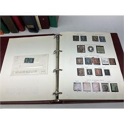 Collection of great British and world stamps, including two penny blacks one red and one black MX cancel, 1840 penny blue and other two penny blues, bantams, other Queen Victoria issues, first day covers, Brazil, Canada, Ceylon, Denmark, Germany, India, Pakistan, Iraq, Jamaica, Malaya, Malta etc, housed in various albums and loose, in two boxes