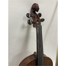 Full size violin and bow in a wooden constructed fitted case, back length 35cm, full length 60cm