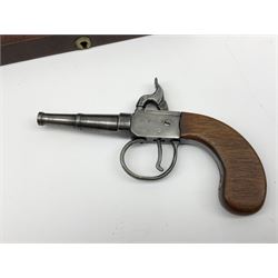 Scratch-built copy of a 19th century percussion cap pistol with 7cm tapering cannon style turn-off barrel, lock-plate inscribed 'F. Fox' and mahogany bag stock L17.5cm overall, in fitted mahogany box with inlaid crest chased mother-of-pearl cartouche and double-ended spanner