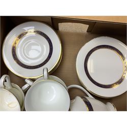 Royal Doulton Harlow pattern teawares, comprising five teacups and six saucers, six dessert plates, milk jug and sucrier, together with Wedgwood Mirabelle pattern six tea cups and saucers