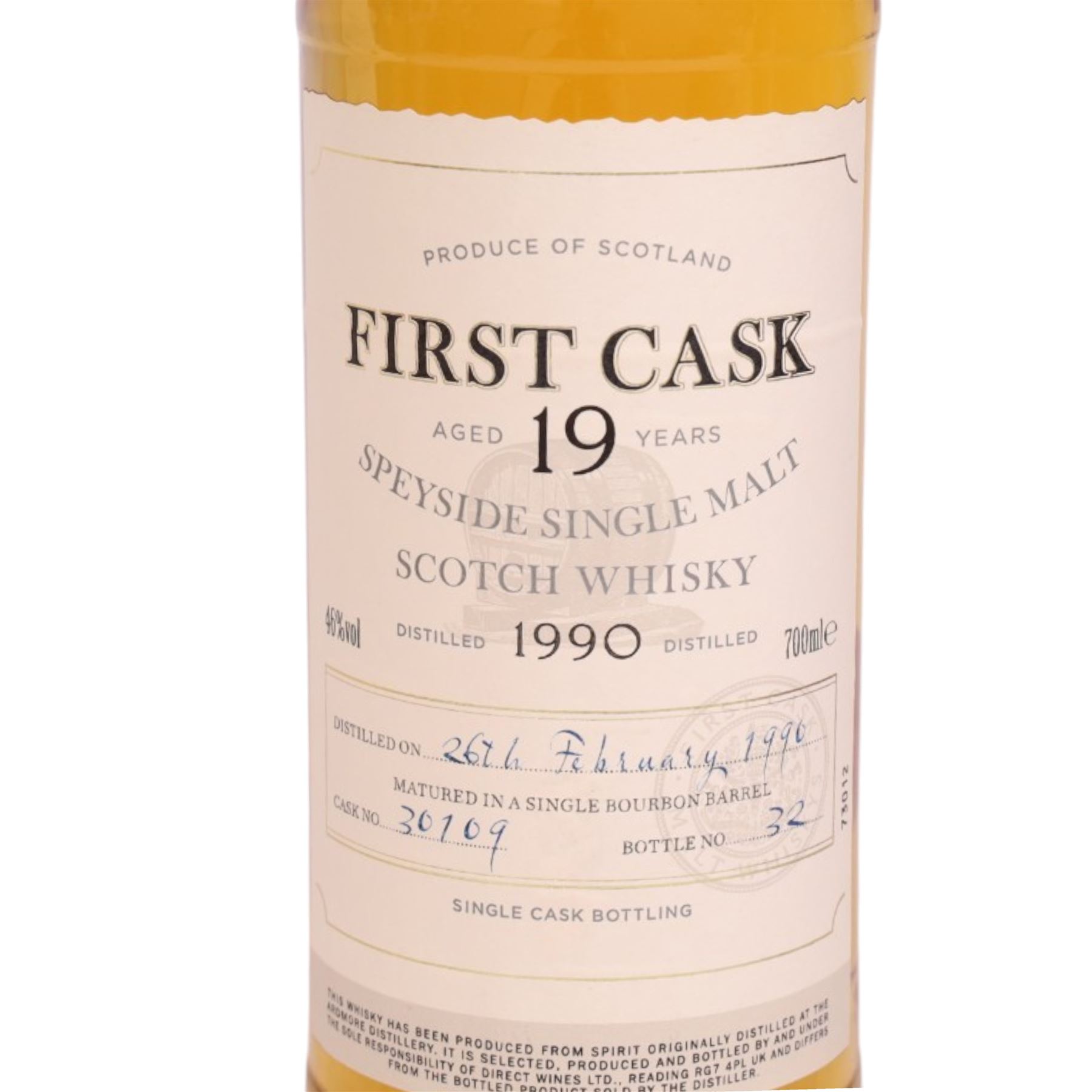 Ardmore, 19 year old Spreyside single malt scotch whisky, 46% vol 700ml, First Cask; distilled 26th February 1990, from cask number 30109, bottle number 32, with certificate