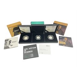 Three The Royal Mint United Kingdom silver proof piedfort fifty pence coins, comprising 2017 'Sir Isaac Newton', 2019 'A Celebration of Sherlock Holmes' and 'Celebrating the Life of Stephen Hawking', all cased with certificates 