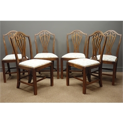  Set six 19th century mahogany dining chairs, shaped cresting rail, pierced splat, upholstered seat, square moulded supports joined by stretchers  