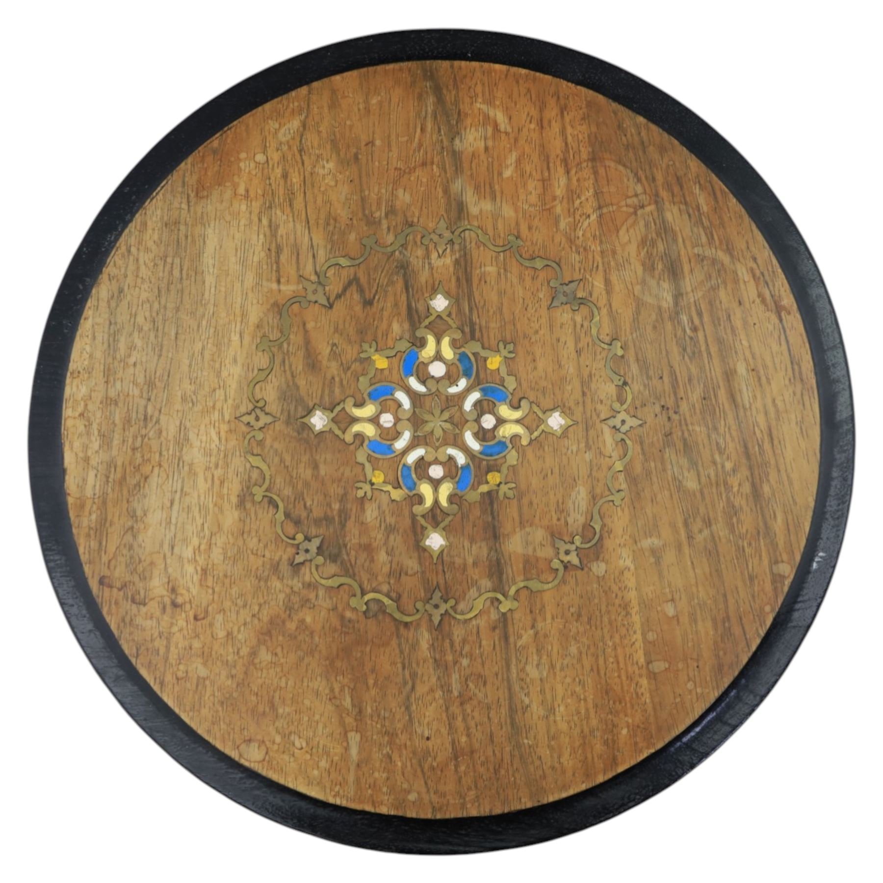 19th century brass inlaid wine table, on a barley twist column terminating in three cabriole supports