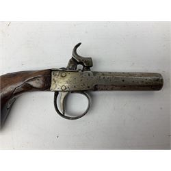 Mid 19th century double barrel percussion muff pistol, joined 7cm octagonal barrels with walnut stock19cm overall; a matching single barrel muff pistol 17cm overall (2)