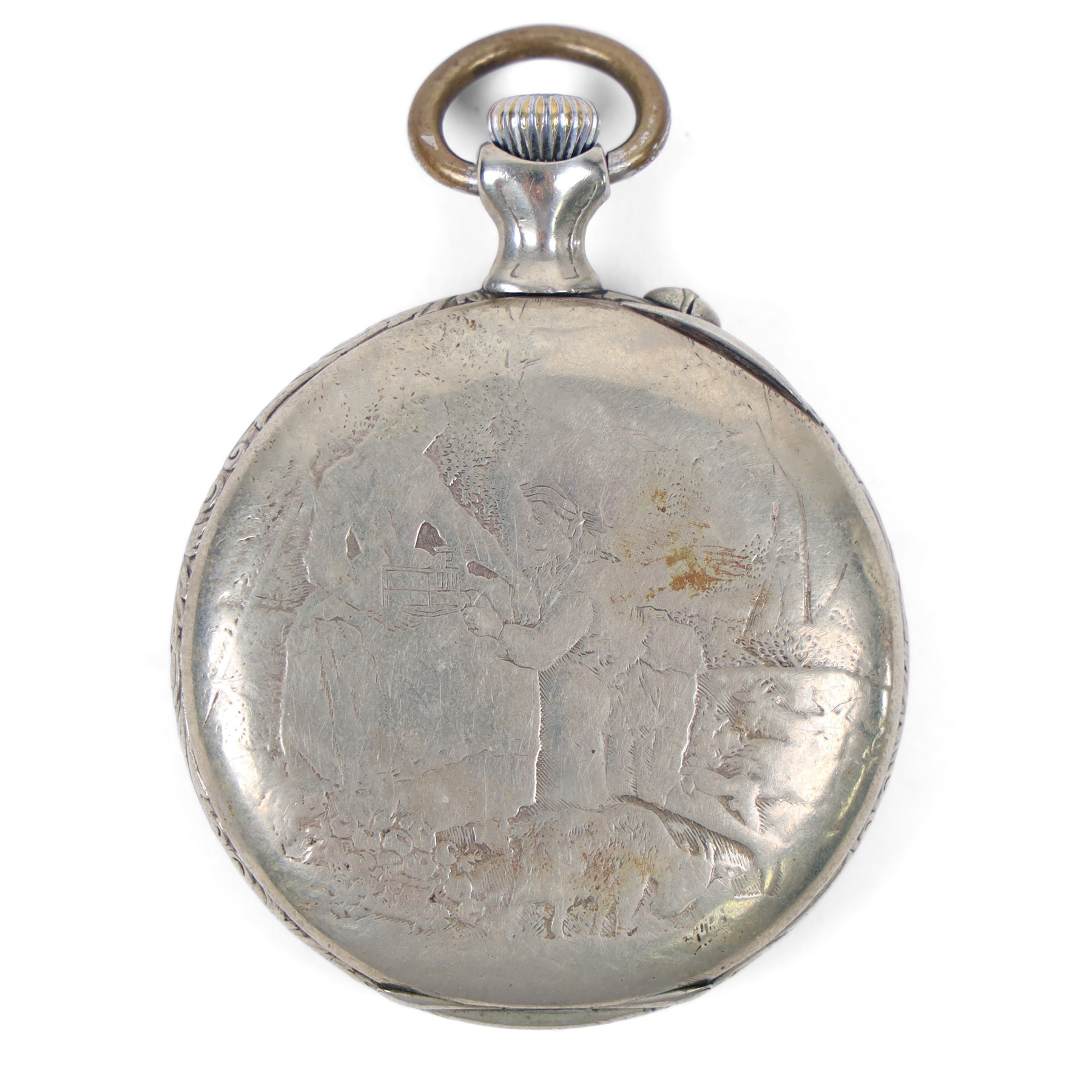 20th century silver plated pocket watch, the dial later printed with an erotic scene, D5cm