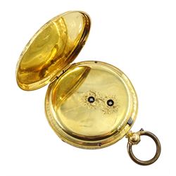 Victorian 18ct gold open face ladies English lever fusee pocket watch No. 1407, gilt dial with Roman numerals and subsidiary seconds dial, back case with engraved flower and foliate decoration, hallmarked London 1861