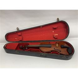 German violin c1890 with 36cm two-piece maple back and ribs and spruce top; bears label 'Antonius Stradivarius Cremona Faciebat Anno 1729' L59.5cm overall; in ebonised wooden 'coffin' case; and two German violins c1890 for completion - one bearing a Stradivarius label, the other a Ruggeri label; both in carrying cases (3)