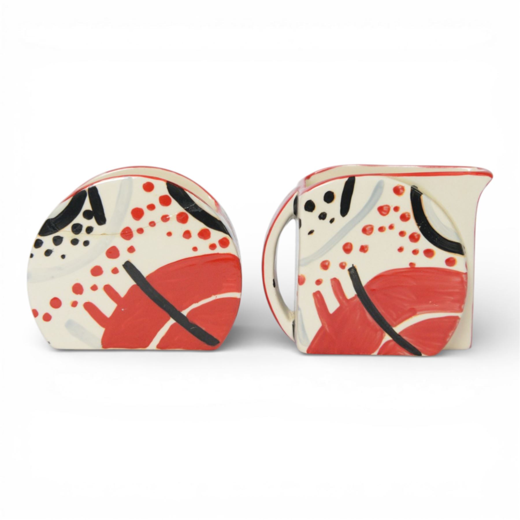 Wedgwood Bizarre by Clarice Cliff, Carpet three piece teaset, hand painted based upon an original, limited edition 213/250, with certificate and box