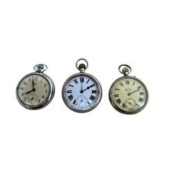 Three 20th century gents Nickel plated open faced pocket watches. Stem wound and set.
