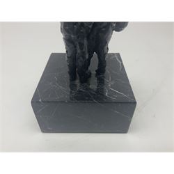 20th century bronze sculpture, modelled as two figures reading, upon a black and white marble base, H14cm