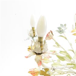 Mid-20th century French toleware chandelier, designed as a multicoloured floral bouquet, five branches each terminating in light fittings