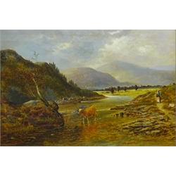 Cattle Watering in Upland Landscape, oil on canvas signed by F Godfrey (British 19th century) 48cm x 71cm  