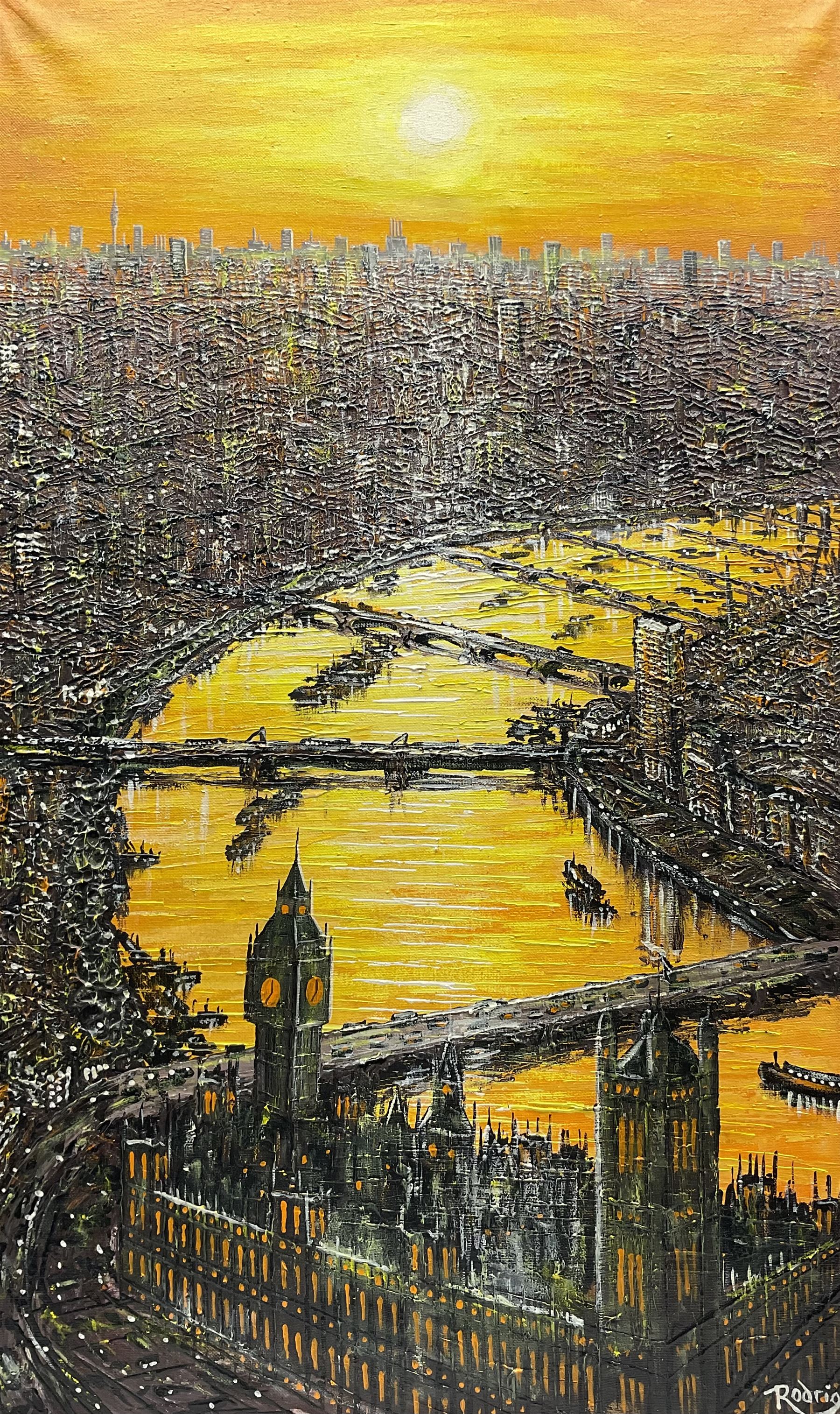 Alvaro Rodriguez (Spanish Contemporary): Aerial View of the Thames at London, impasto oil on canvas signed, artist's address card verso 76cm x 46cm