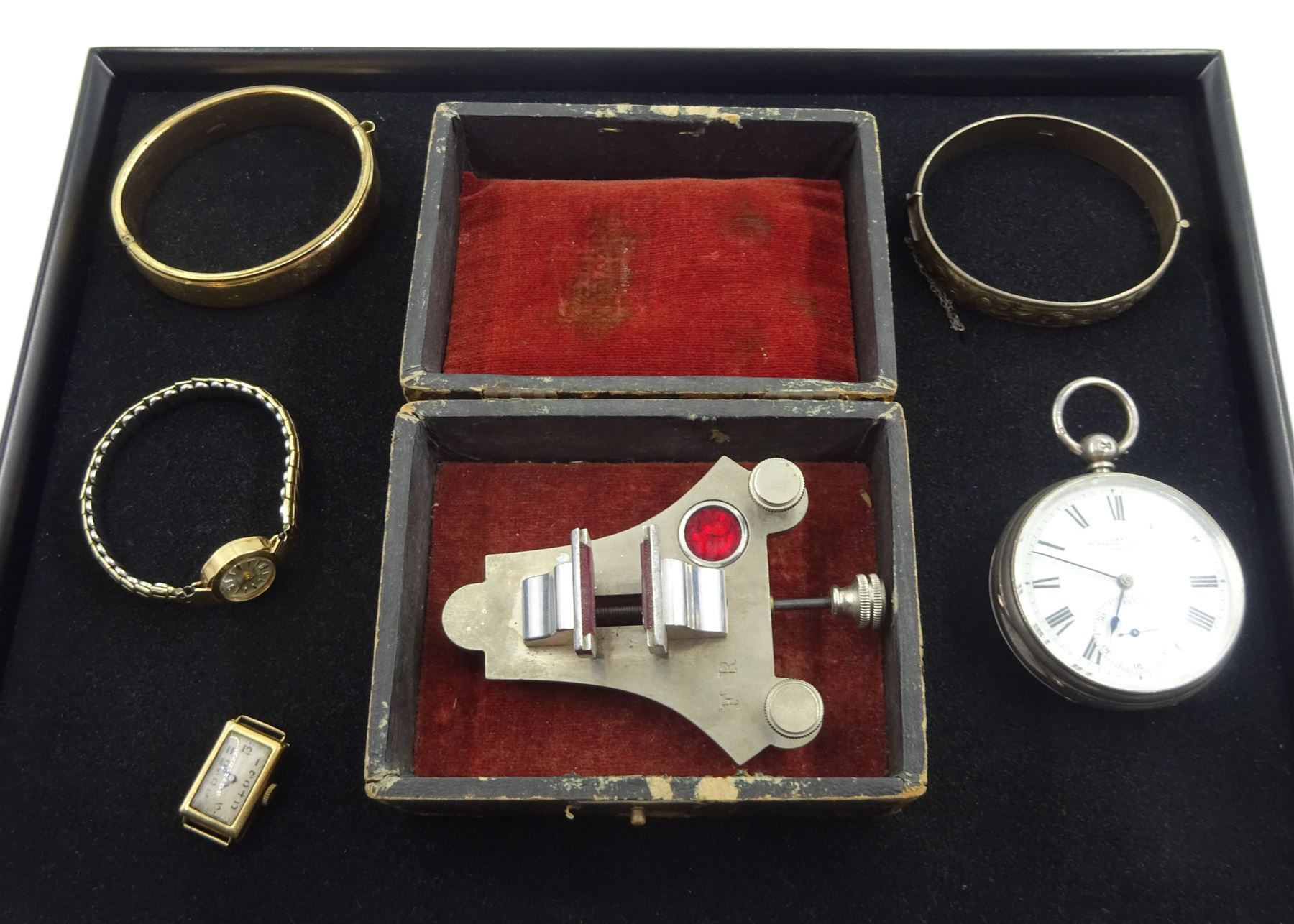 Victorian silver open face key wound lever full plate pocket watch by Dent, 61 Strand, London, No. 30057, balance cock with diamond endstone, case by Alford Thickbroom, London 1863, cased poising tool engraved F R, two 9ct gold wristwatches hallmarked, one on a gilt strap, silver bangle and a gilt bangle