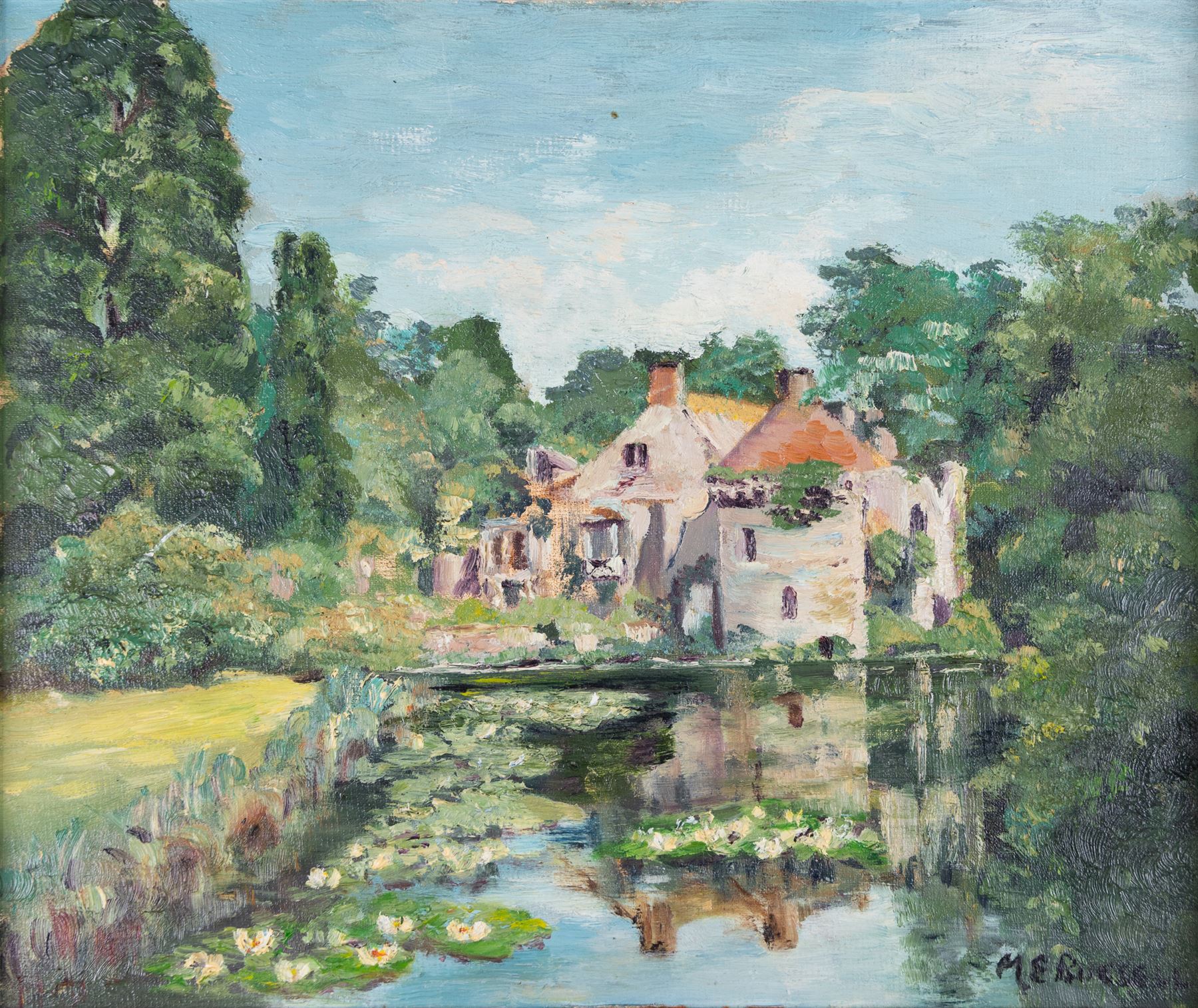 M E Russell (British 20th Century): Mill Pond, oil on board signed 25cm x 30cm 