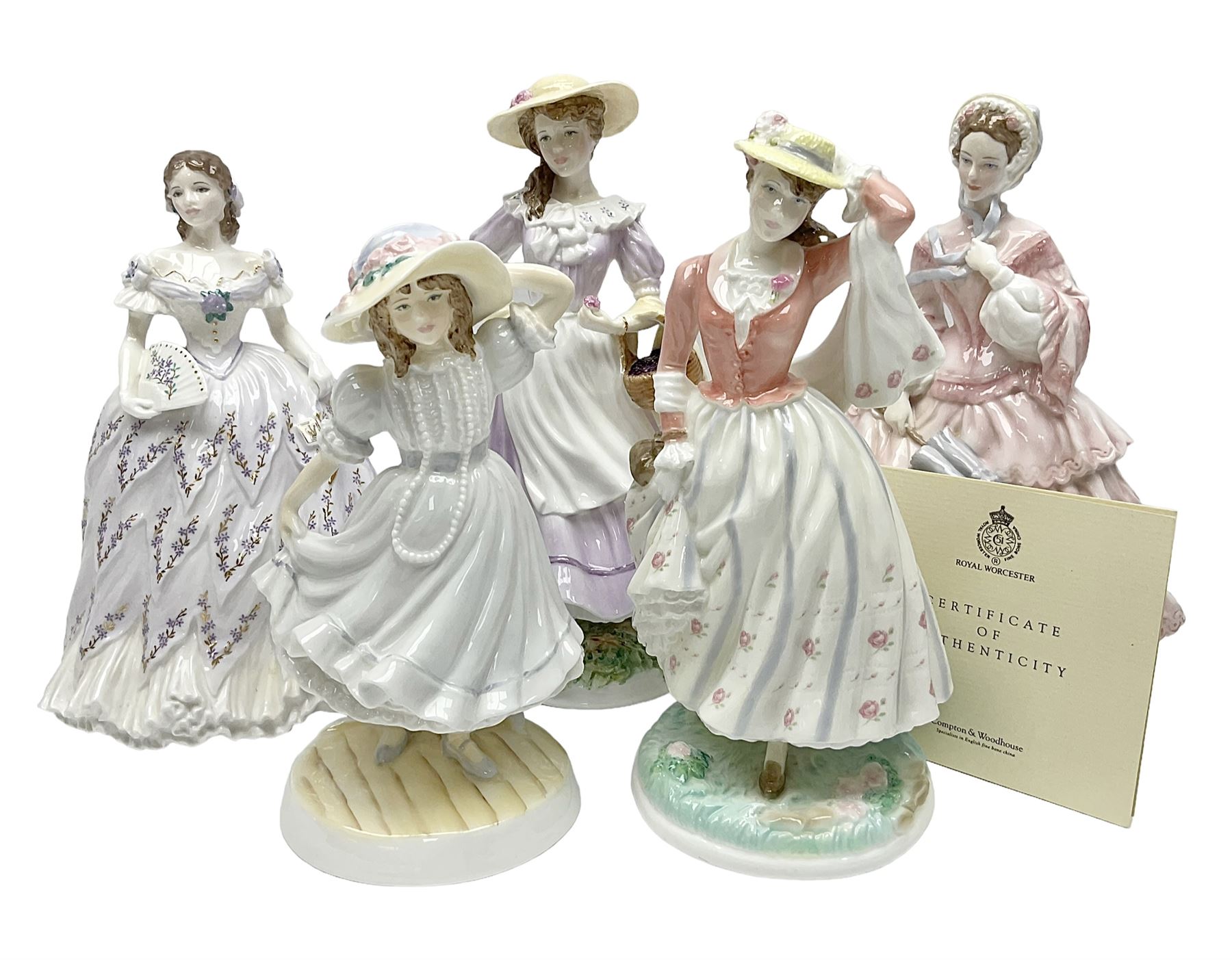 Three Coalport figures, comprising Eugenie, Lillie Langtry and Laura, together with seven other similar figures